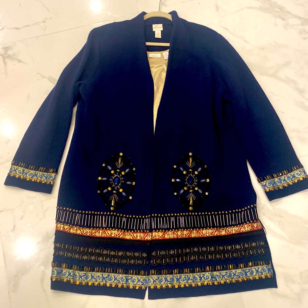 Chico’s navy blue knit cardigan embellished with beading, metalic trims!